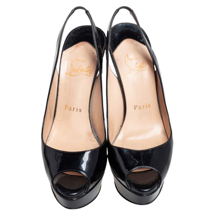 Pre Owned Christian Louboutin Black Patent Leather Lady Peep Toe Platform Slingback Pumps Size 35.5