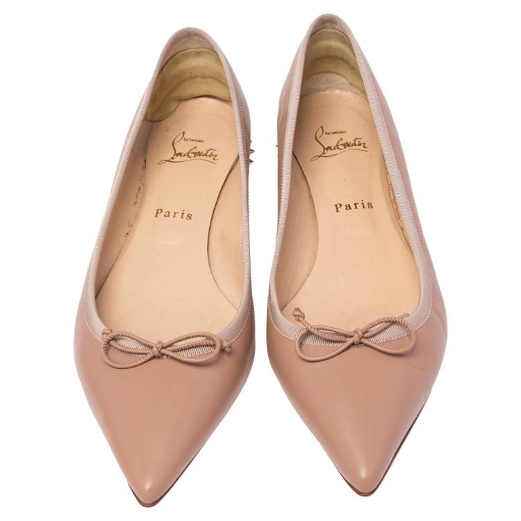 Pre Owned Christian Louboutin Beige Leather Hall Spike Flats Size 40