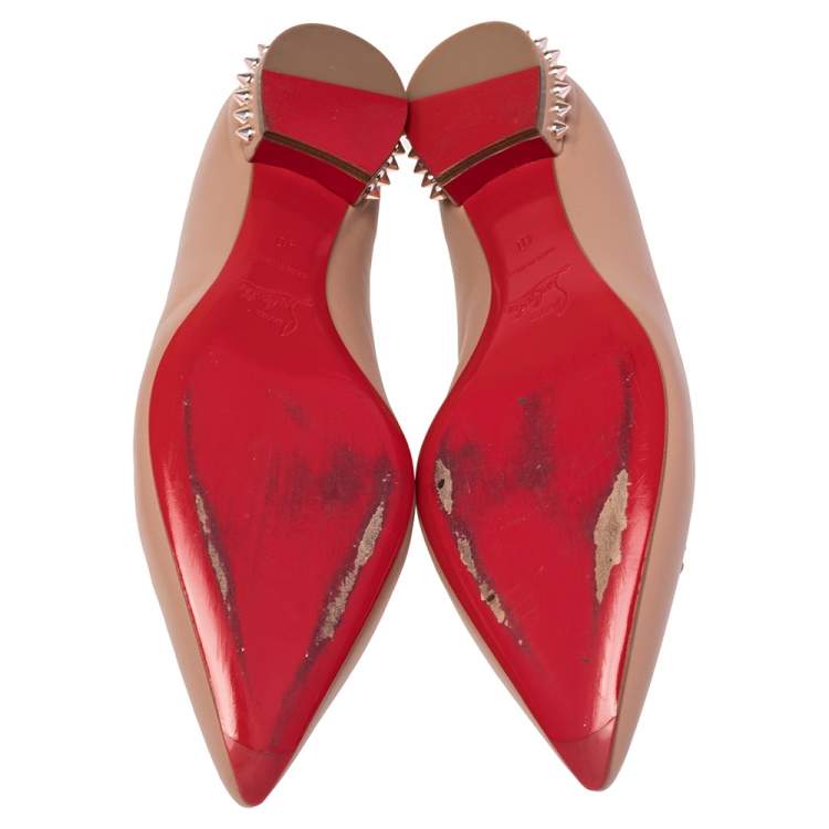 Pre Owned Christian Louboutin Beige Leather Hall Spike Flats Size 40