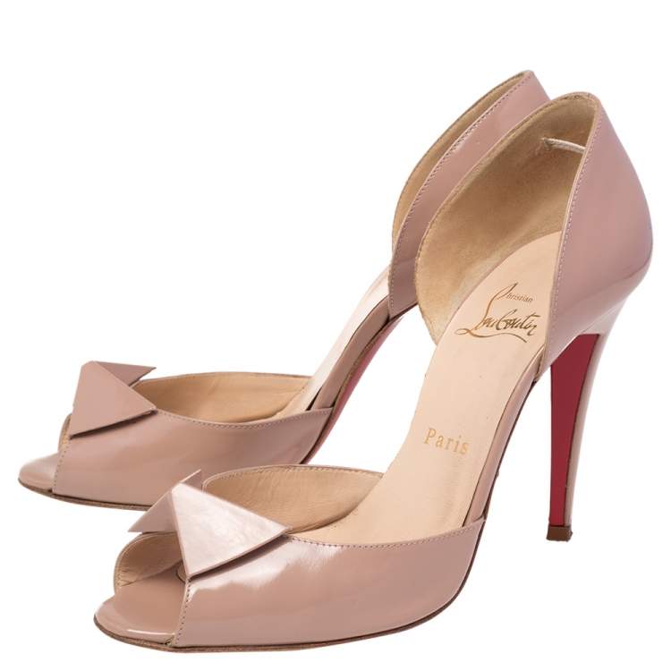 Pre Owned Christian Louboutin Beige Patent Leather D'orsay Peep Toe Pumps Size 38
