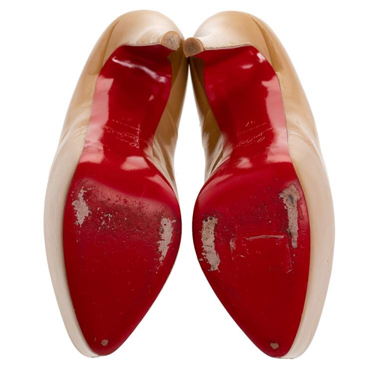 Pre Owned Christian Louboutin Beige Patent Leather Platform Pumps Size 37
