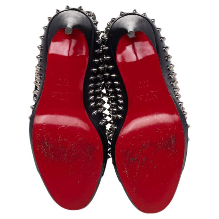 Pre Owned Christian Louboutin Black Spiked Leather Guerilla Peep Toe Slouchy Ankle Boots Size 39.5