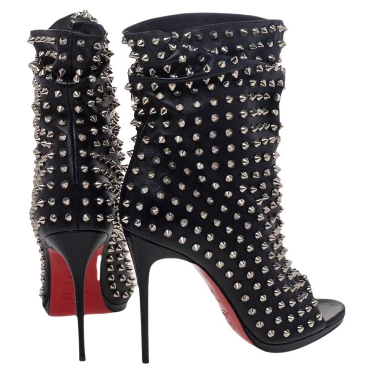 Pre Owned Christian Louboutin Black Spiked Leather Guerilla Peep Toe Slouchy Ankle Boots Size 39.5