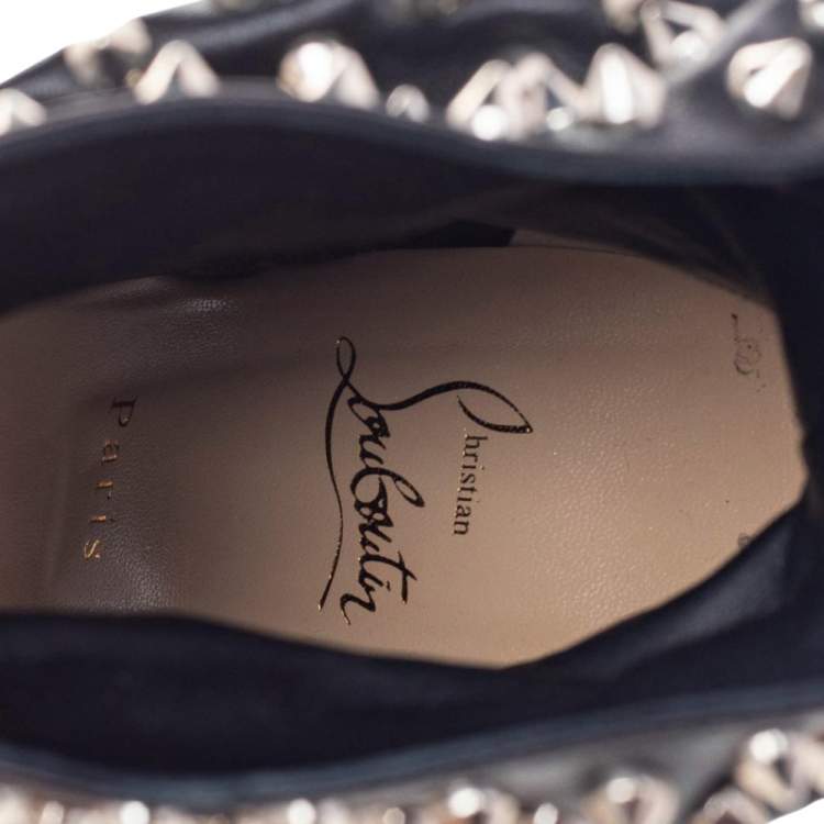 Pre Owned Christian Louboutin Black Spiked Leather Guerilla Peep Toe Slouchy Ankle Boots Size 39.5