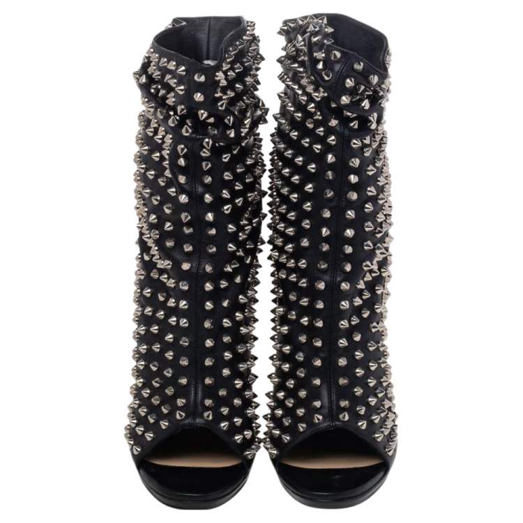 Pre Owned Christian Louboutin Black Spiked Leather Guerilla Peep Toe Slouchy Ankle Boots Size 39.5