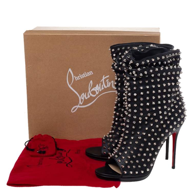 Pre Owned Christian Louboutin Black Spiked Leather Guerilla Peep Toe Slouchy Ankle Boots Size 39.5