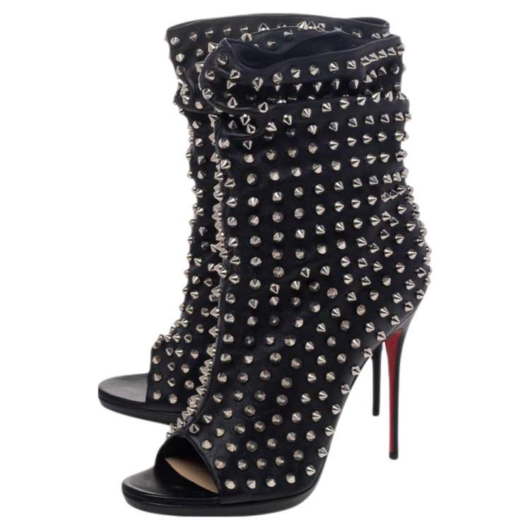 Pre Owned Christian Louboutin Black Spiked Leather Guerilla Peep Toe Slouchy Ankle Boots Size 39.5