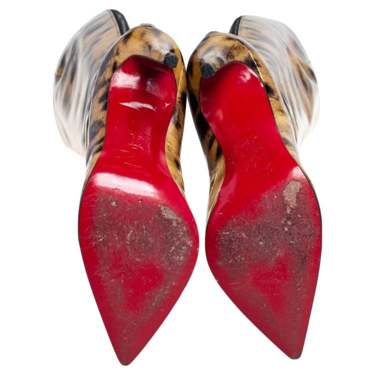 Pre Owned Christian Louboutin Light Yellow/Black Leopard Print Patent Leather Zip Knee Length Boots Size 39.5 