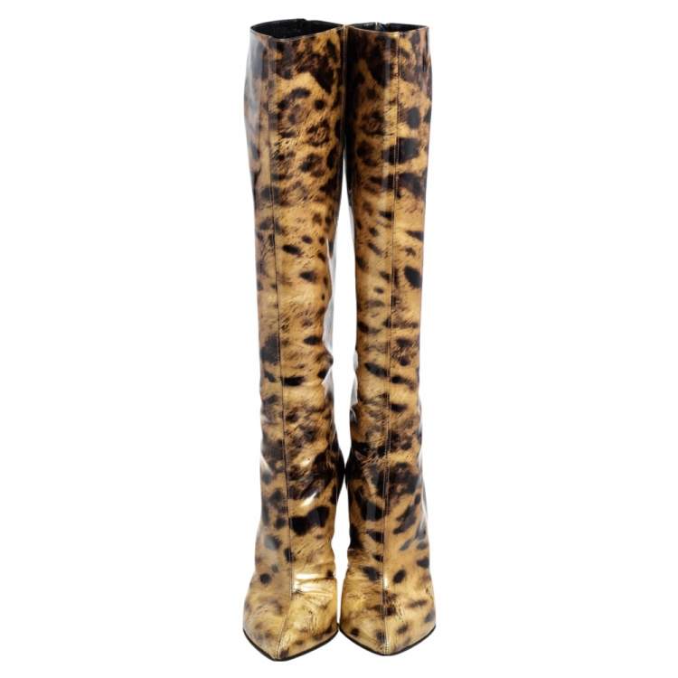 Pre Owned Christian Louboutin Light Yellow/Black Leopard Print Patent Leather Zip Knee Length Boots Size 39.5 