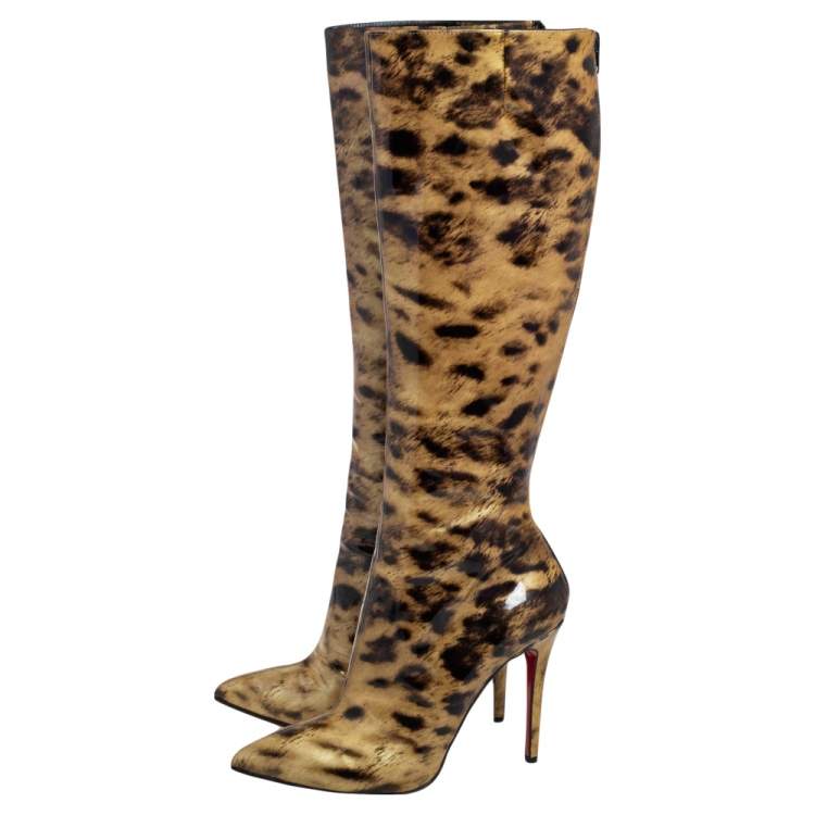Pre Owned Christian Louboutin Light Yellow/Black Leopard Print Patent Leather Zip Knee Length Boots Size 39.5 