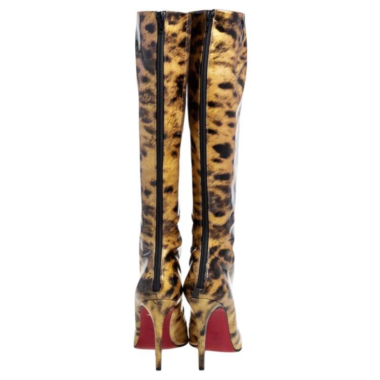 Pre Owned Christian Louboutin Light Yellow/Black Leopard Print Patent Leather Zip Knee Length Boots Size 39.5 