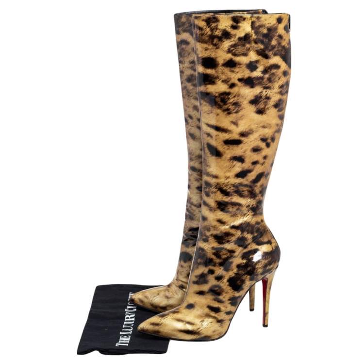 Pre Owned Christian Louboutin Light Yellow/Black Leopard Print Patent Leather Zip Knee Length Boots Size 39.5 