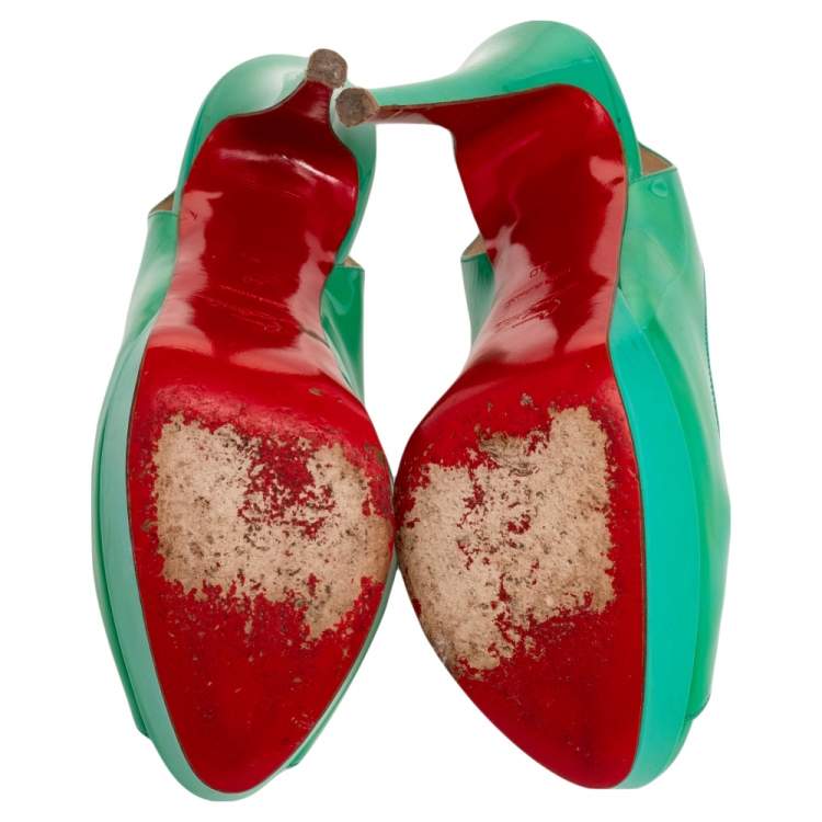 Pre Owned Christian Louboutin Green Patent Leather Lady Peep Toe Platform Slingback Pumps Size 40