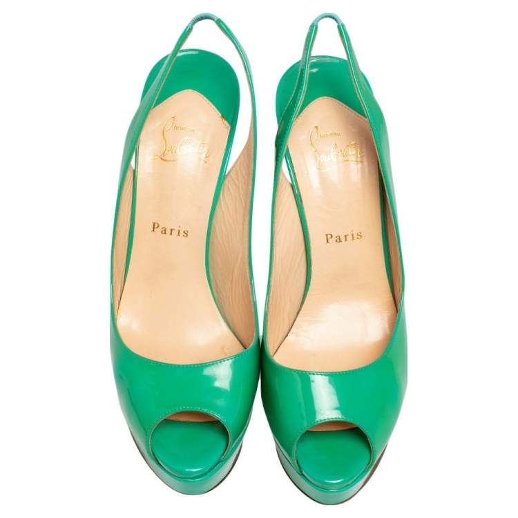 Pre Owned Christian Louboutin Green Patent Leather Lady Peep Toe Platform Slingback Pumps Size 40