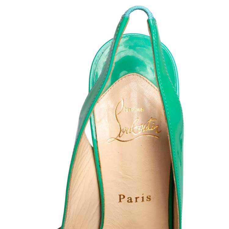 Pre Owned Christian Louboutin Green Patent Leather Lady Peep Toe Platform Slingback Pumps Size 40