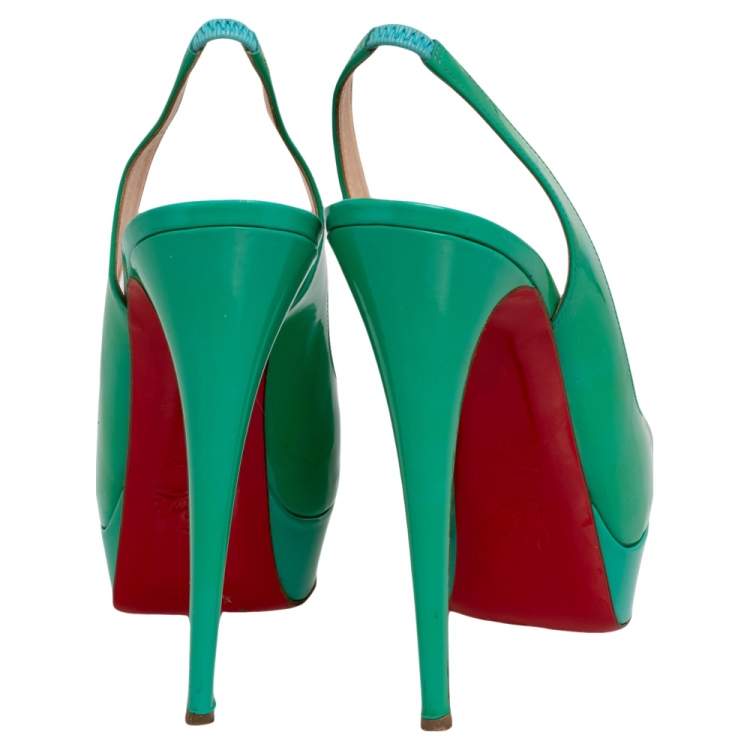 Pre Owned Christian Louboutin Green Patent Leather Lady Peep Toe Platform Slingback Pumps Size 40