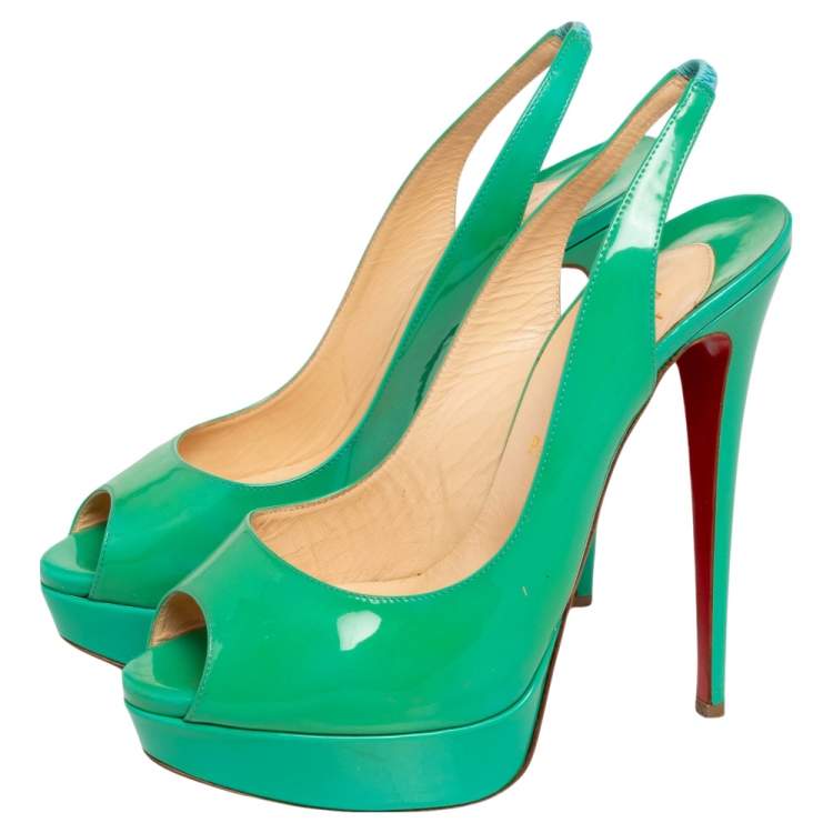 Pre Owned Christian Louboutin Green Patent Leather Lady Peep Toe Platform Slingback Pumps Size 40