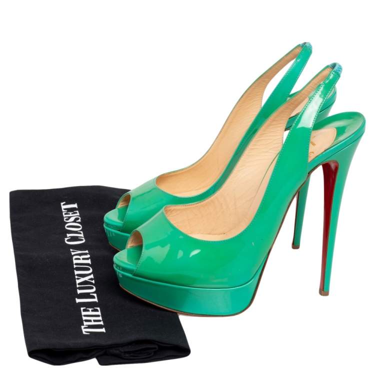 Pre Owned Christian Louboutin Green Patent Leather Lady Peep Toe Platform Slingback Pumps Size 40