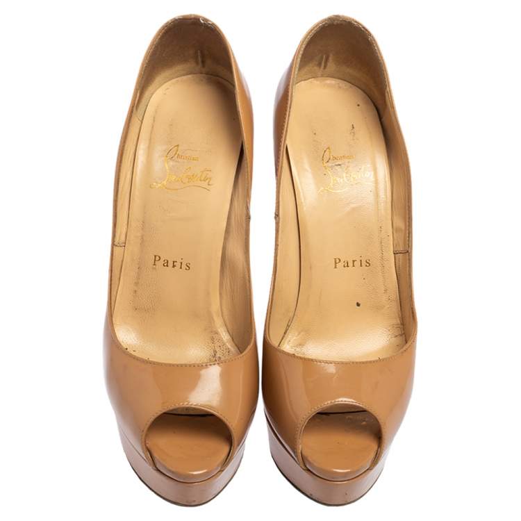 Pre Owned Christian Louboutin Beige Patent Leather Lady Peep Toe Platform Pumps Size 38 