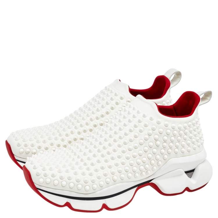Pre Owned Christian Louboutin White Neoprene Spikes Socks Flat 30 Sneakers Size 39