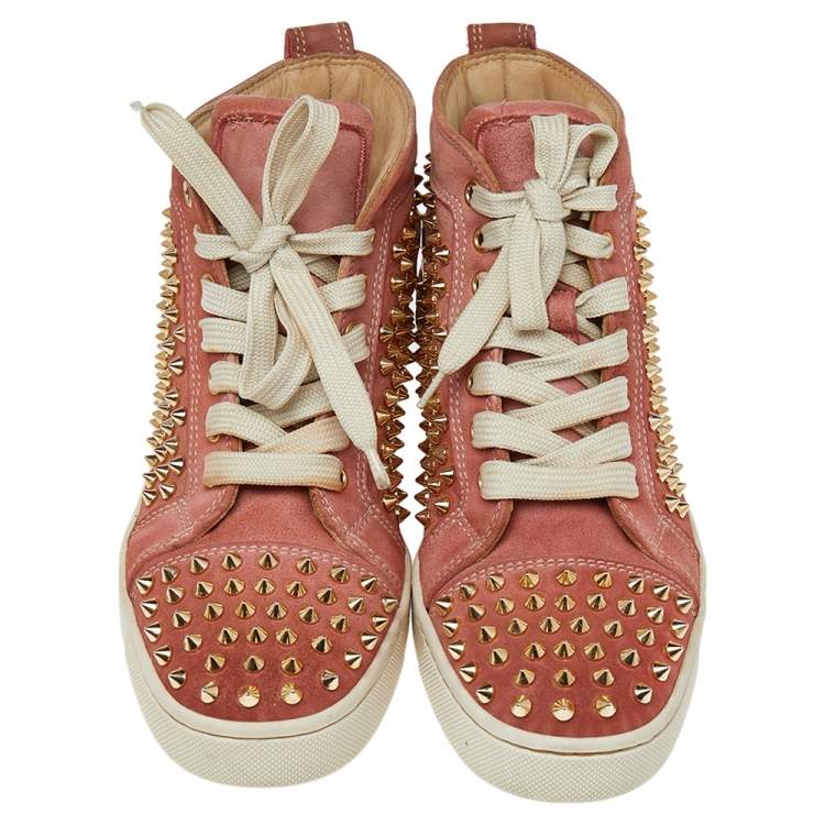 Pre Owned Christian Louboutin Peach Nubuck Spike Embellished Louis Orlato Mid Top Sneakers Size 38