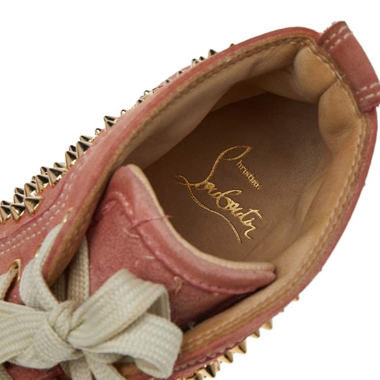 Pre Owned Christian Louboutin Peach Nubuck Spike Embellished Louis Orlato Mid Top Sneakers Size 38