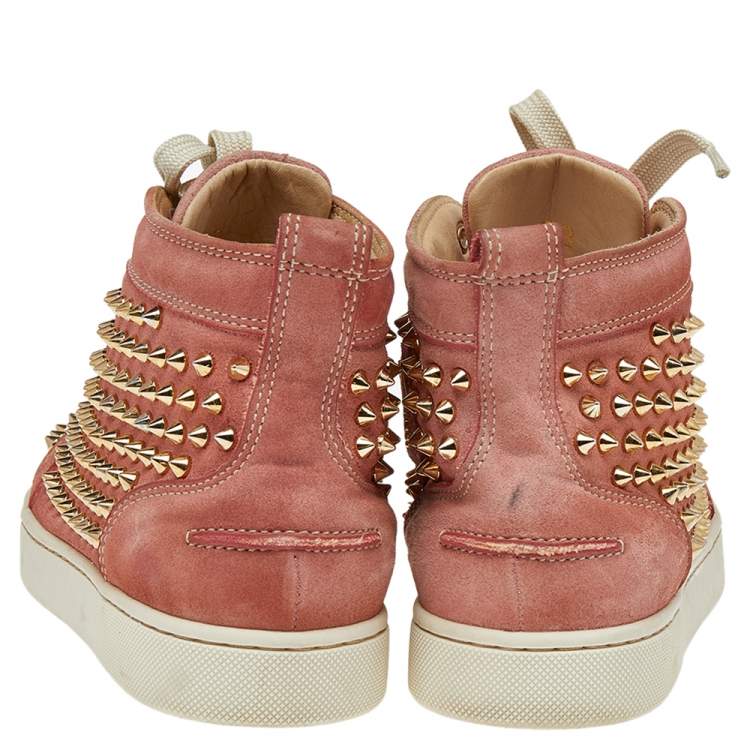 Pre Owned Christian Louboutin Peach Nubuck Spike Embellished Louis Orlato Mid Top Sneakers Size 38