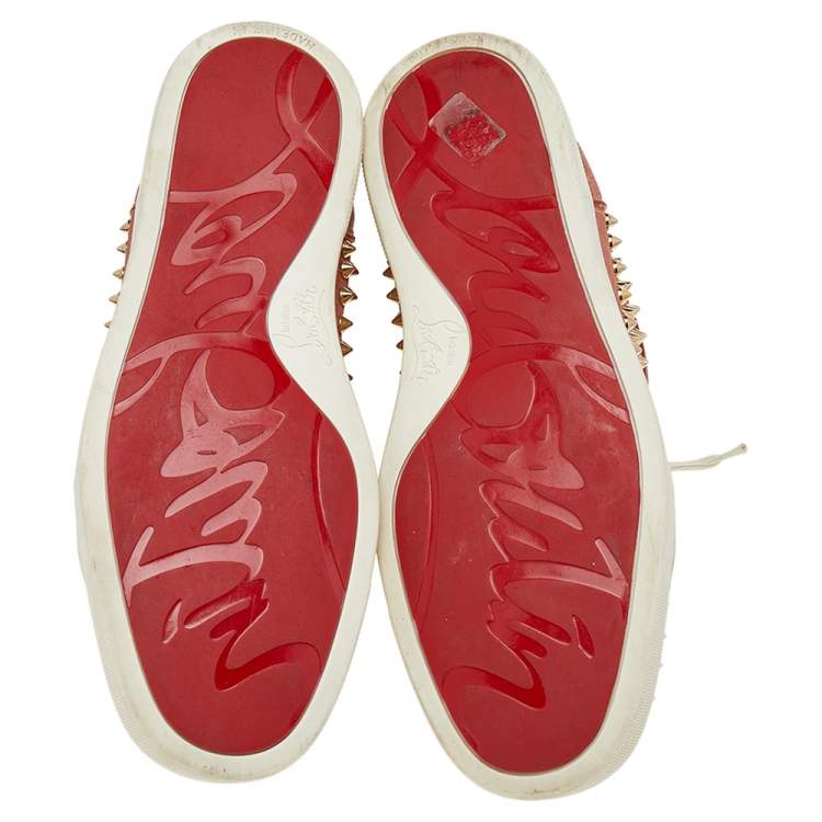 Pre Owned Christian Louboutin Peach Nubuck Spike Embellished Louis Orlato Mid Top Sneakers Size 38