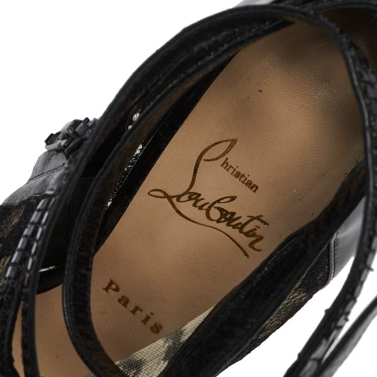 Pre Owned Christian Louboutin Black Patent Leather And Lace Booties Size 38