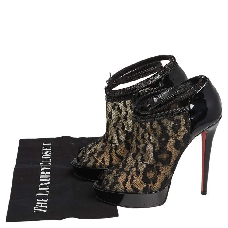 Pre Owned Christian Louboutin Black Patent Leather And Lace Booties Size 38