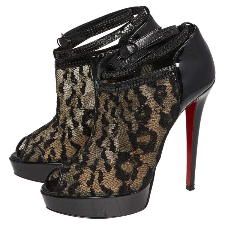 Pre Owned Christian Louboutin Black Patent Leather And Lace Booties Size 38