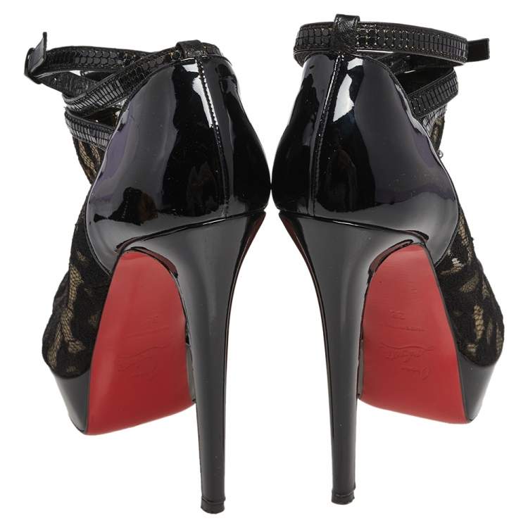 Pre Owned Christian Louboutin Black Patent Leather And Lace Booties Size 38