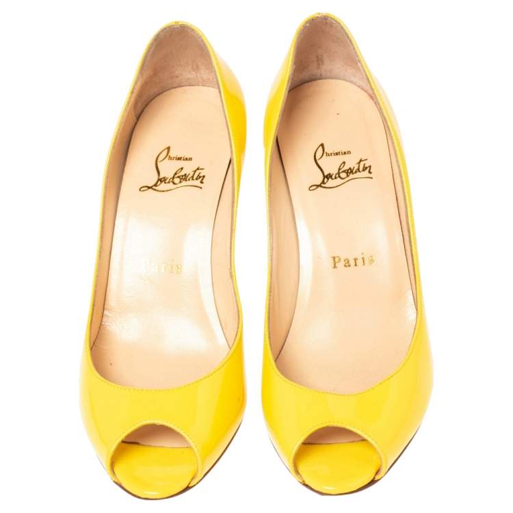 Pre Owned Christian Louboutin Yellow Patent Leather Peep Toe Pumps 36.5