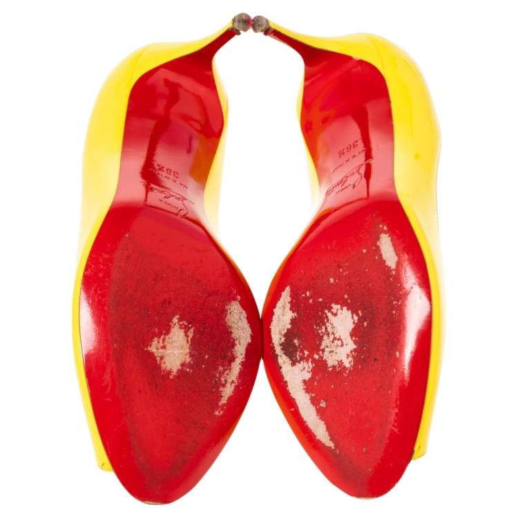 Pre Owned Christian Louboutin Yellow Patent Leather Peep Toe Pumps 36.5