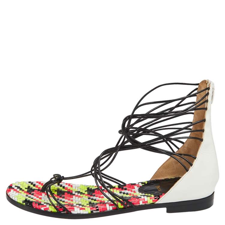 Pre Owned Christian Louboutin White/Black Patent Leather Blanca Gladiator Flat Sandals Size 37