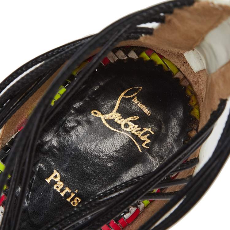 Pre Owned Christian Louboutin White/Black Patent Leather Blanca Gladiator Flat Sandals Size 37