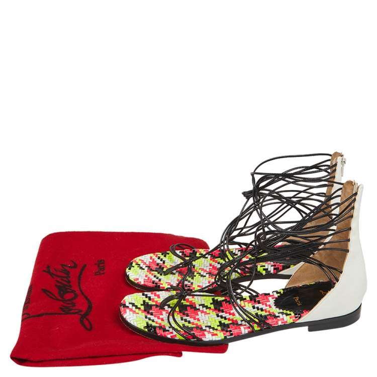 Pre Owned Christian Louboutin White/Black Patent Leather Blanca Gladiator Flat Sandals Size 37