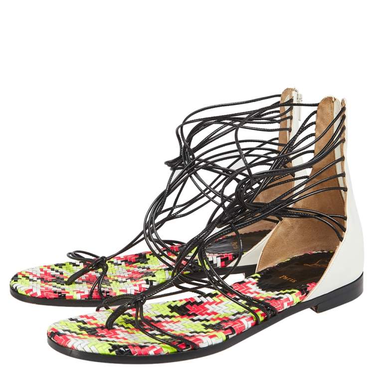 Pre Owned Christian Louboutin White/Black Patent Leather Blanca Gladiator Flat Sandals Size 37
