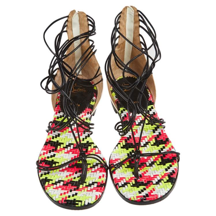 Pre Owned Christian Louboutin White/Black Patent Leather Blanca Gladiator Flat Sandals Size 37