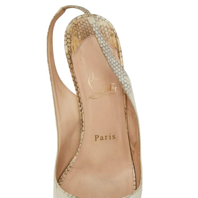 Pre Owned Christian Louboutin Beige Python Embossed Leather Private Number Slingback Sandals Size 38.5 