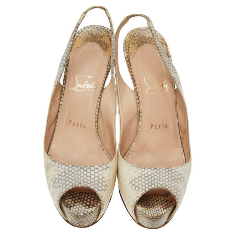 Pre Owned Christian Louboutin Beige Python Embossed Leather Private Number Slingback Sandals Size 38.5 
