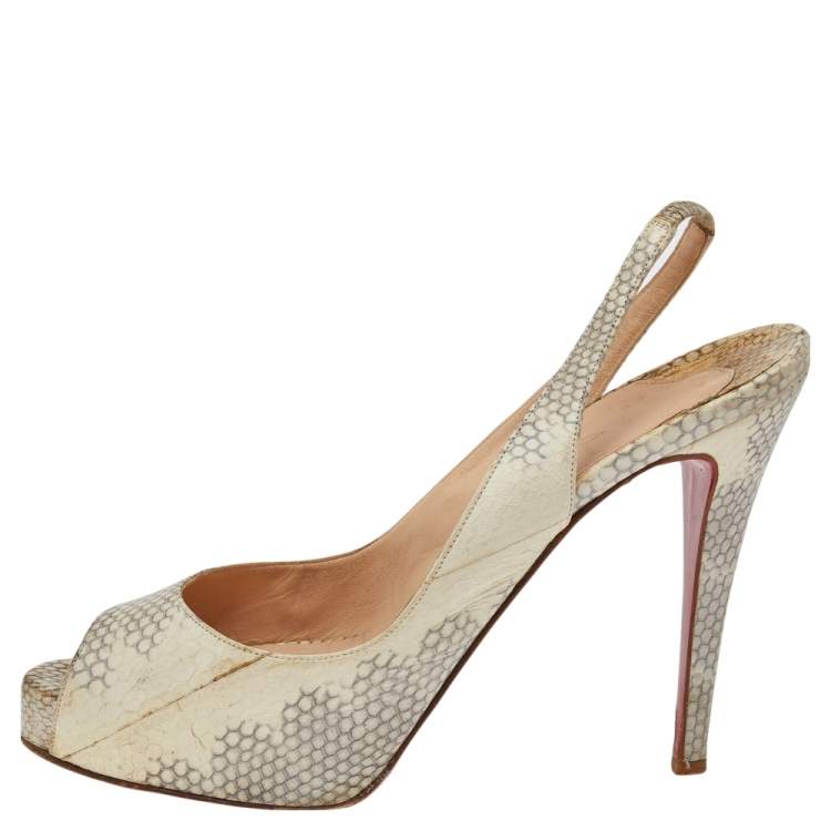 Pre Owned Christian Louboutin Beige Python Embossed Leather Private Number Slingback Sandals Size 38.5 
