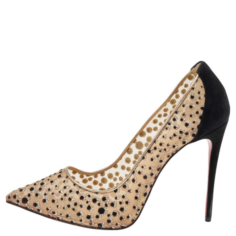 Christian Louboutin Beige/Black Mesh and Leather Follies Strass Pumps Size  39.5 Christian Louboutin