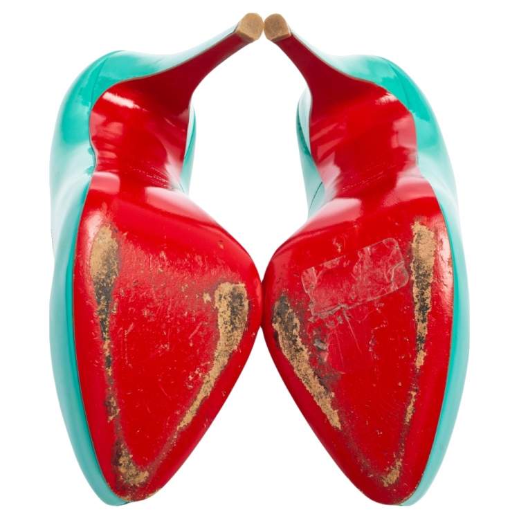 Pre Owned Christian Louboutin Turquoise Patent Leather Rolando Platform Pumps Size 37