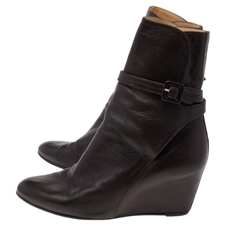 Pre Owned Christian Louboutin Brown Leather Wedge Ankle Boots Size 38