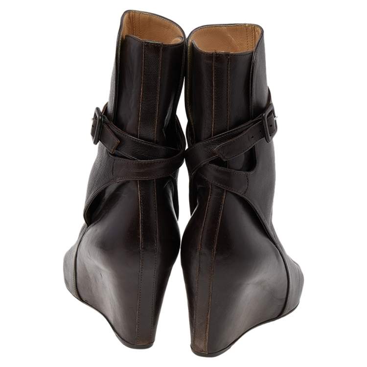 Pre Owned Christian Louboutin Brown Leather Wedge Ankle Boots Size 38