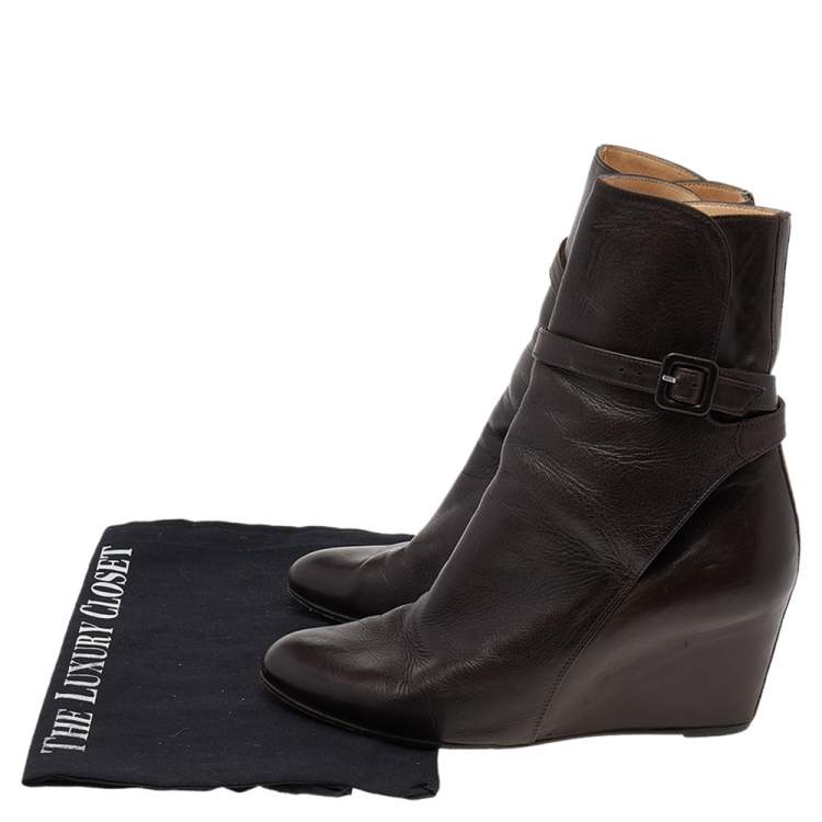 Pre Owned Christian Louboutin Brown Leather Wedge Ankle Boots Size 38