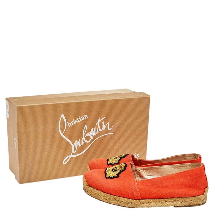 مملوكة مسبقًا Christian Louboutin Orange Canvas Gala Embroidered Crest Espadrille Flats Size 36