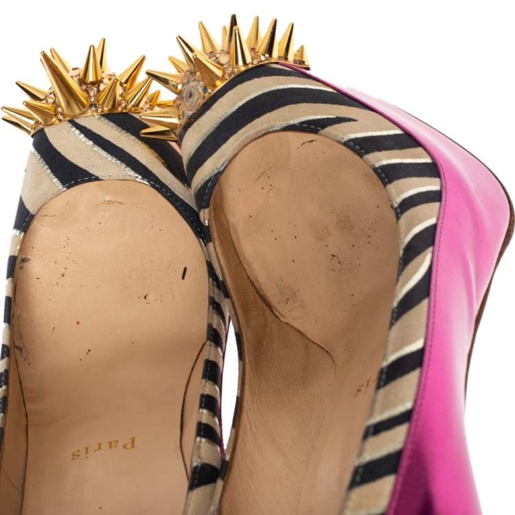 Pre Owned Christian Louboutin Pink Zebra Print Suede And Patent Leather Limited Edition Asteroid Spike Pumps Size 36