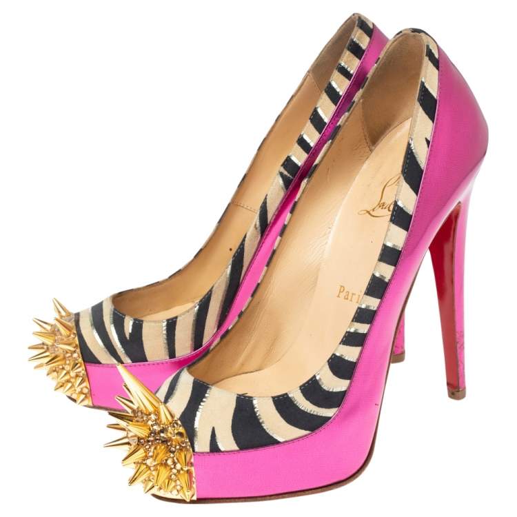 Pre Owned Christian Louboutin Pink Zebra Print Suede And Patent Leather Limited Edition Asteroid Spike Pumps Size 36